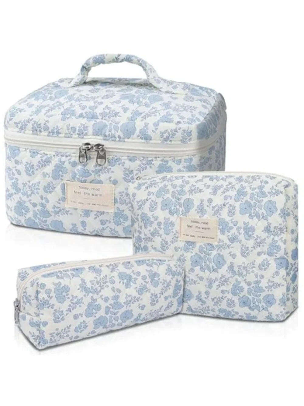 Quilted Floral Makeup Bag Set 3 Piece Cotton Travel Toiletry Organizer for Women